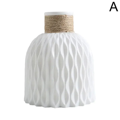 DecorBites™ white ceramic plastic vase with textured waves and natural twine band for flower arrangement home décor