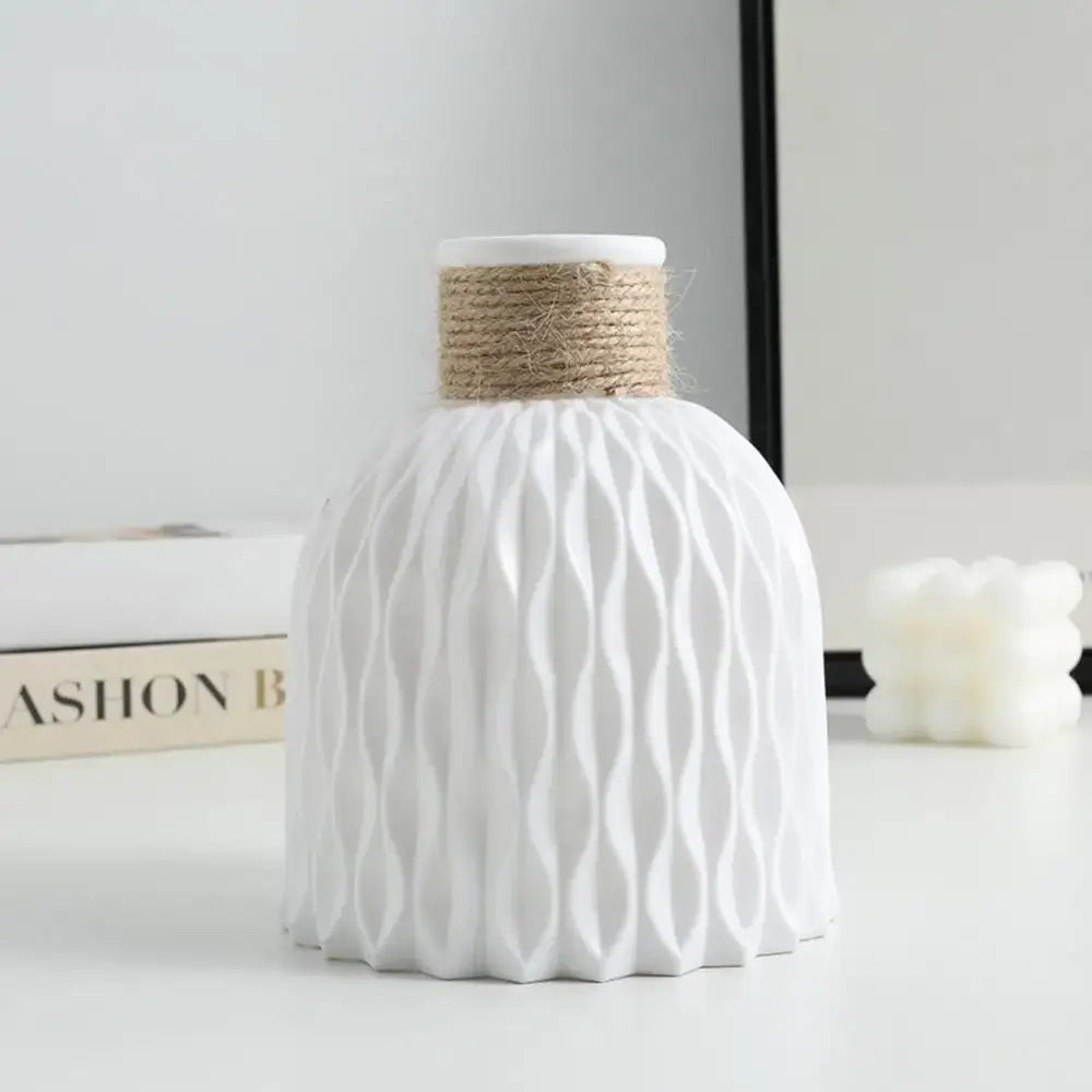 DecorBites™ white ceramic plastic vase with textured wavy pattern and natural twine band for flower arrangement use