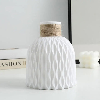 DecorBites™ white ceramic plastic vase with textured wavy pattern and natural twine band for flower arrangement use
