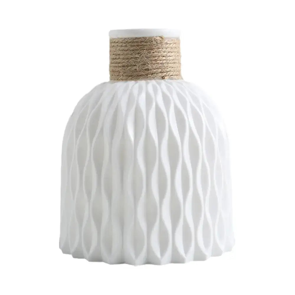 DecorBites™ white ceramic plastic vase with wavy texture and natural twine band for flower arrangement use