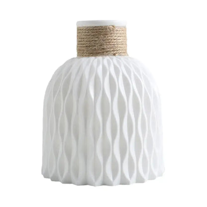 DecorBites™ white ceramic plastic vase with wavy texture and natural twine band for flower arrangement use