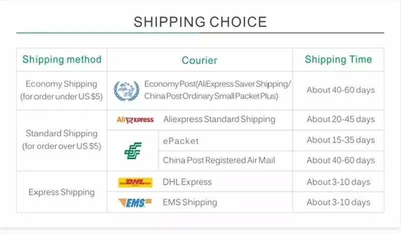 Shipping choice table showing courier options and delivery times for decorbites™ plastic retro flower vases pack