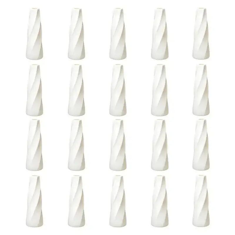 Set of twenty white twisted plastic flower vases in four rows from decorbites plastic retro flower vases 6-20 pack
