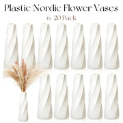 White plastic flower vases with a sleek twisted design from decorbites plastic retro flower vases 6-20 pack