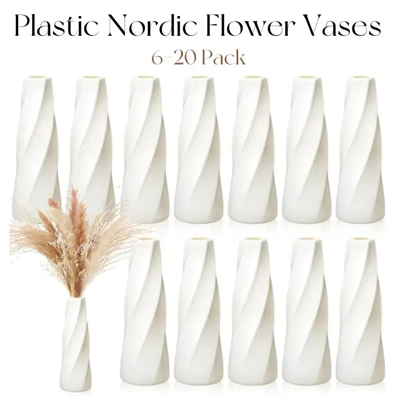 White plastic flower vases with a sleek twisted design from decorbites plastic retro flower vases 6-20 pack