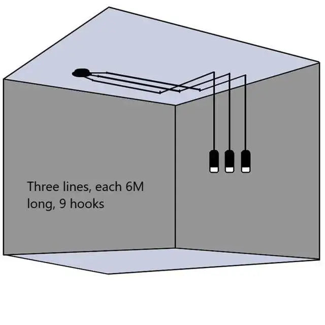 Three black metal hooks 6 meters long arranged in parallel lines for decorbites™ plug-in hanging lights installation