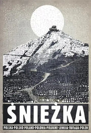 Black and white halftone canvas wall art featuring snow capped śnieżka mountain with full moon poland city landmarks