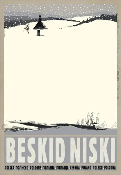 Vintage-style black and white canvas wall art of beskid niski snow-covered landscape with chapel poland city landmarks