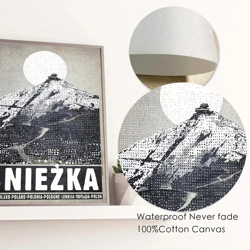 Decorbites™ poland city vintage canvas print featuring black and white dotted snowy mountain and full moon framed in gray wood for home decor