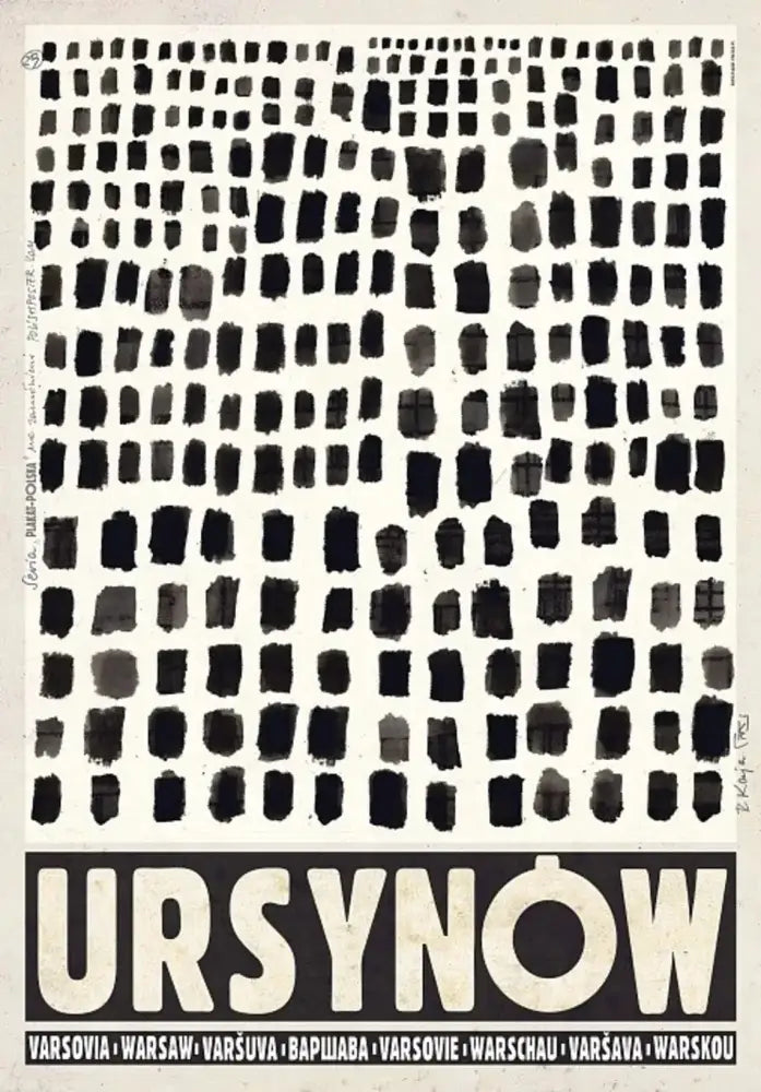 Black and white abstract poland city vintage canvas print with brushstroke grid and bold typography for home decor