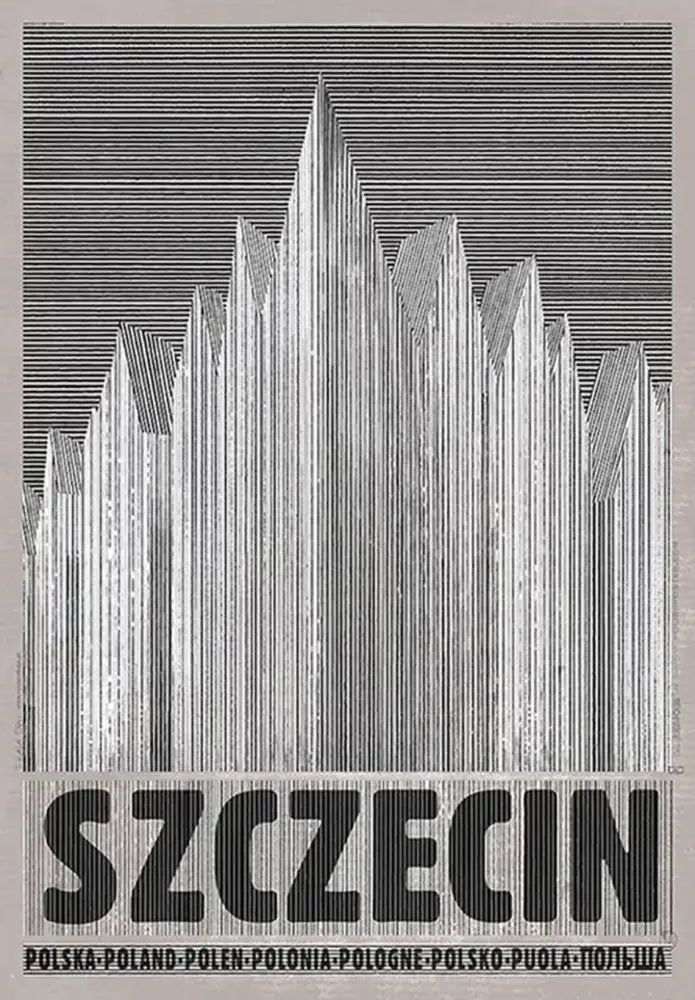 Black and white striped graphic poster with bold szczecin text for poland city vintage canvas prints home decor