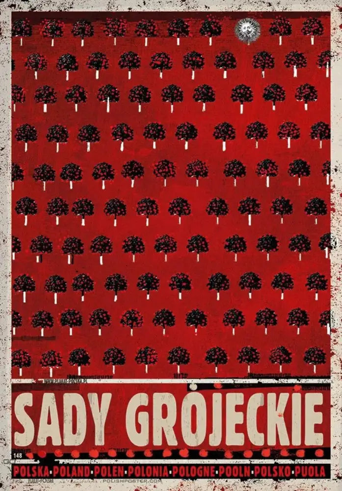 Red poland city canvas print featuring black stylized trees and cream sady grojeckie text for home decor