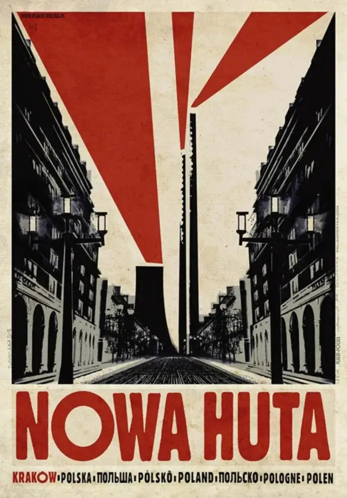 Red and black stylized vintage canvas print of Nowa Huta for poland city home decor by DecorBites™