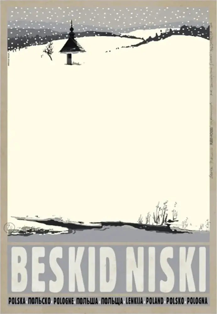 Vintage-style poland city poster depicting beskid niski snow-covered landscape with chapel, ideal for home decor canvas print
