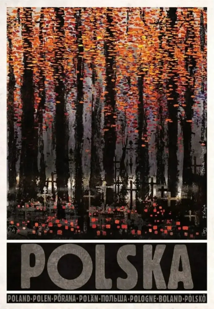 A vintage-style canvas print featuring an autumn forest scene for poland city posters and home decor