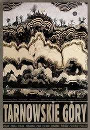 Vintage-style poland city poster with black and cream waves and stylized trees on canvas for home decor
