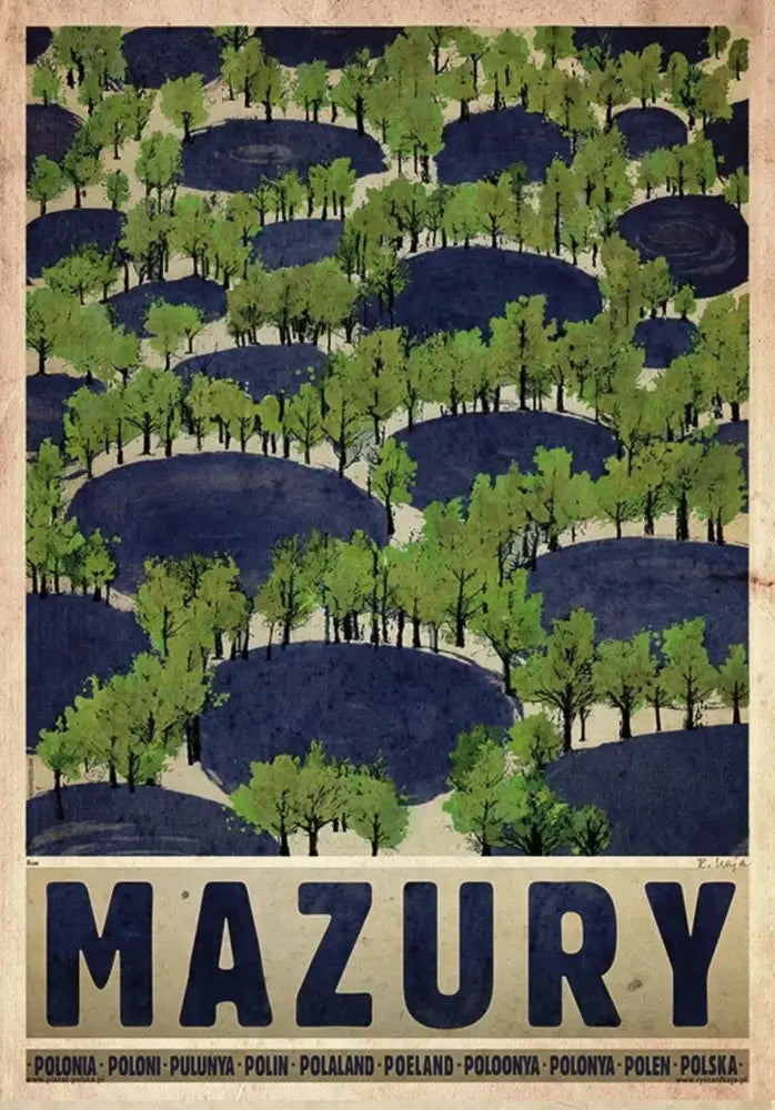 Vintage-style DecorBites™ canvas print featuring green trees on blue hills with mazury for poland city posters home decor