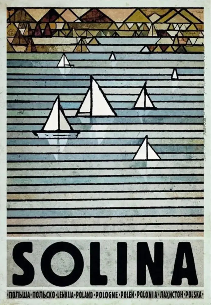 Stylized geometric mountains and sailboats in muted blues and browns on a Poland city vintage canvas print for home decor