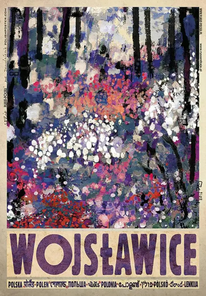 Decorbites poland city vintage canvas wall art print with vibrant purple pink white blossoms and dark tree silhouettes