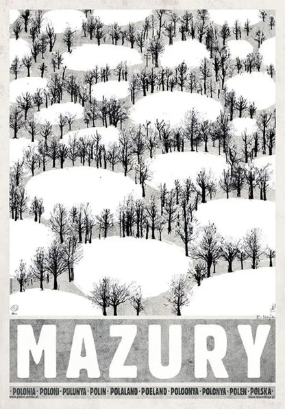 Black and white stylized snow-covered hills and bare trees on mazury vintage posters canvas prints by decorbites poland