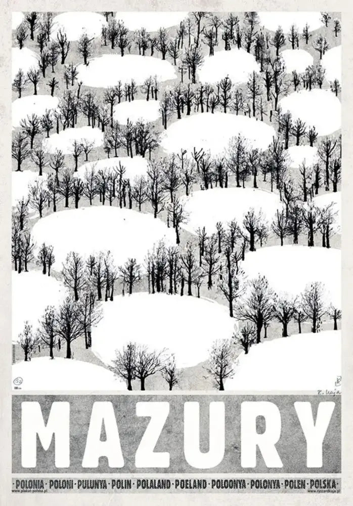 Black and white stylized snow-covered hills and bare trees on mazury vintage posters canvas prints by decorbites poland
