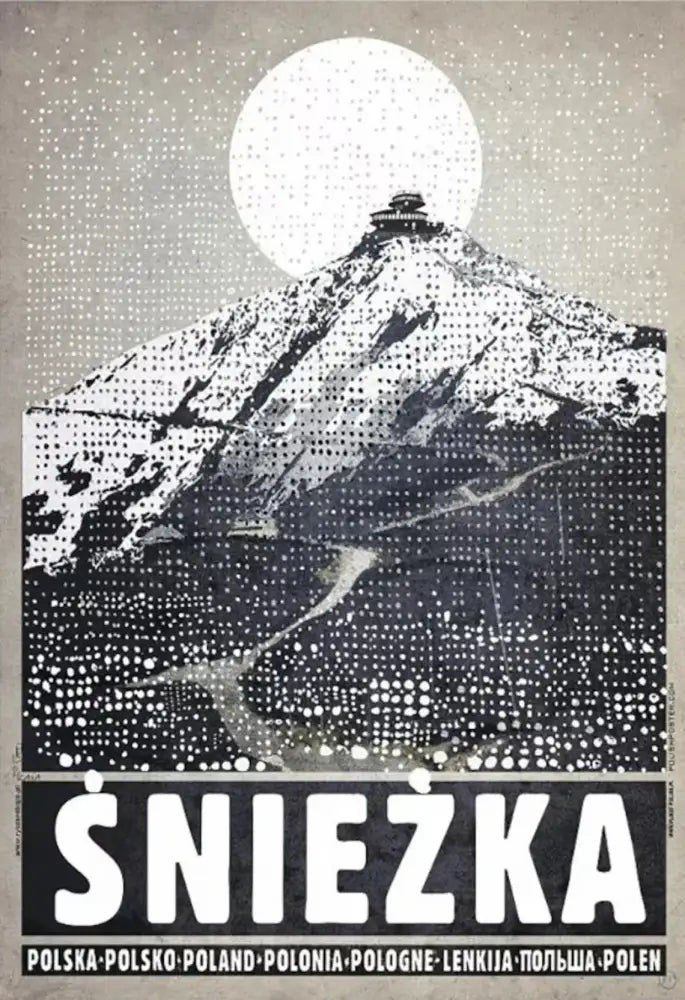 Black and white halftone posters canvas print of snow capped mountain śnieżka with full moon for vintage decorbites poland city