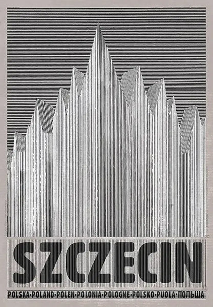 Black and white striped posters canvas featuring the word szczecin in bold letters for poland city decor prints