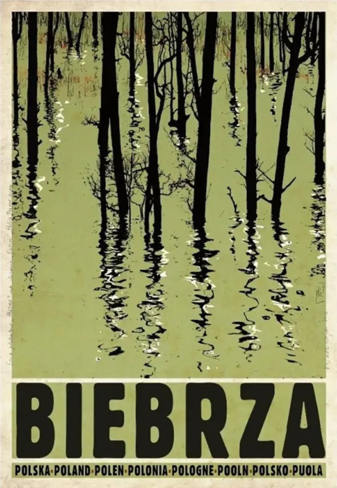 Vintage-style poland city posters canvas prints featuring bold black lettering and stylized tree silhouettes on olive green