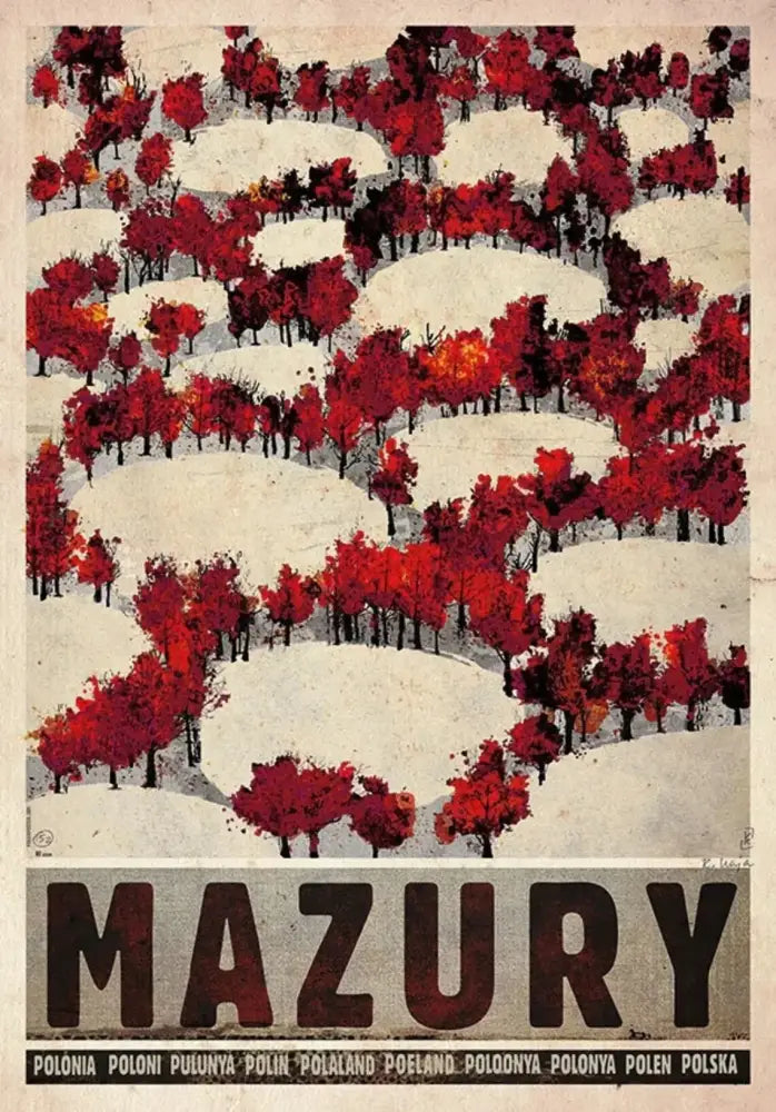 Stylized vintage travel posters canvas prints featuring bold red autumn trees and snowy hills with mazury lettering