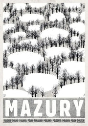 Black-and-white poland city posters canvas with stylized snow-covered hills and mazury text for wall art decor