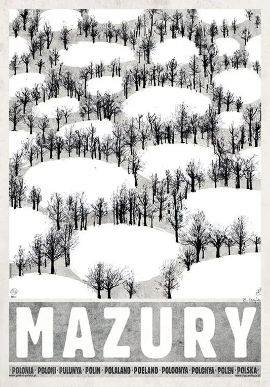 Black-and-white poland city posters canvas with stylized snow-covered hills and mazury text for wall art decor