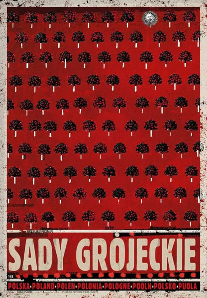Red poster with black stylized trees and cream lettering sady grojeckie in poland city posters canvas wall art decorbites