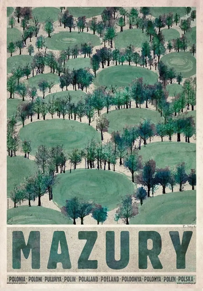 Vintage-style posters canvas featuring stylized green and blue forest landscape with mazury for poland city decor