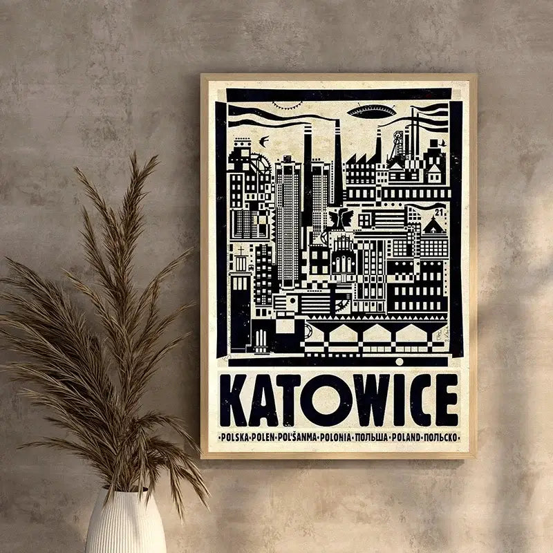A framed black and white vintage poster of katowice poland city on canvas wall art from decorbites