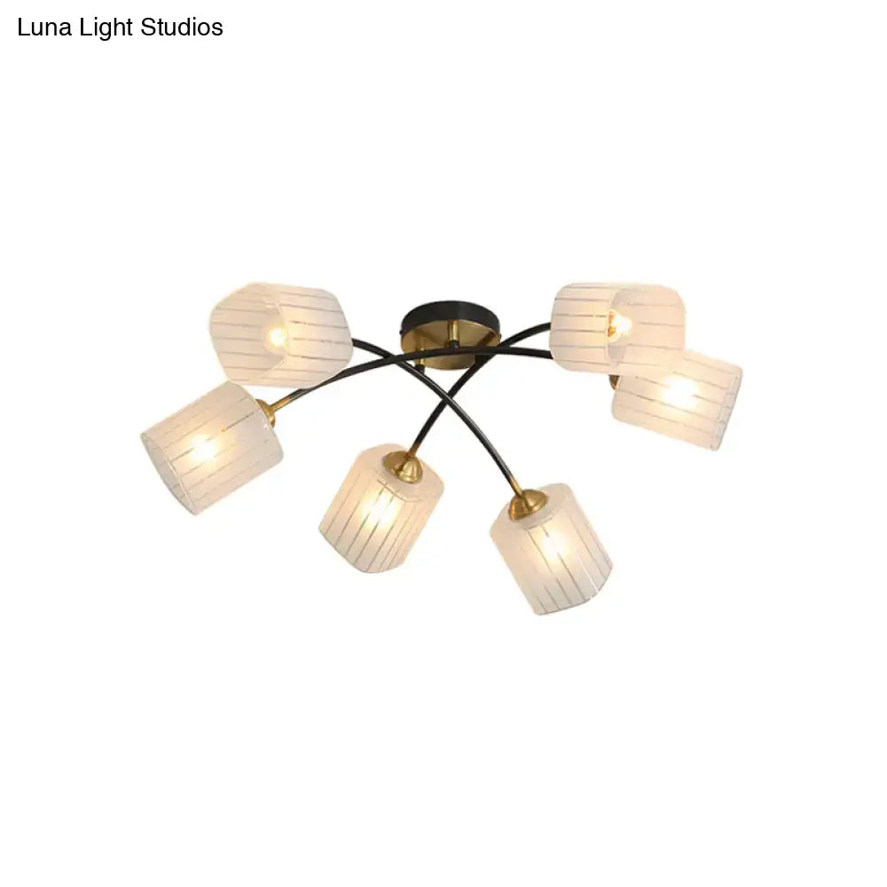 Decorbites™ post modern brass ceiling light with six frosted glass semi-flush mount shades on black metal frame