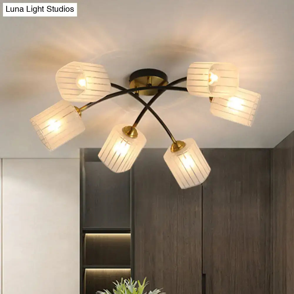 Modern decorbites semi-flush mount ceiling light with six off-white frosted glass shades and brass hardware