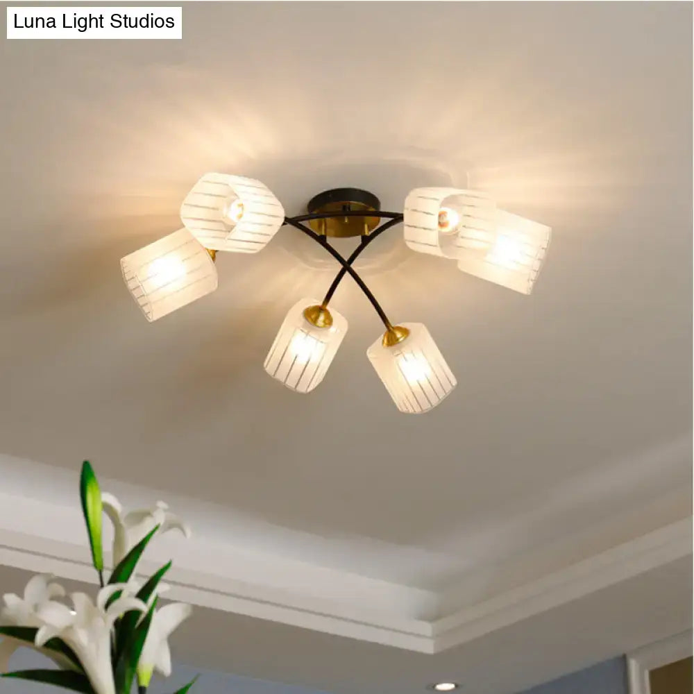 Decorbites post modern brass semi flush mount ceiling light with five frosted glass shades and ridged glass material