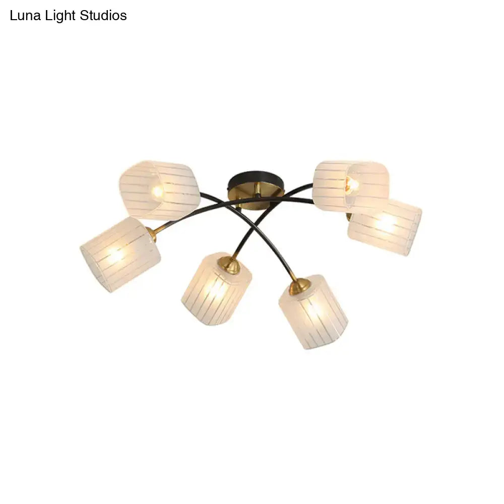 DecorBites™ post modern brass semi-flush mount ceiling light with frosted glass ridged shades and black metal frame