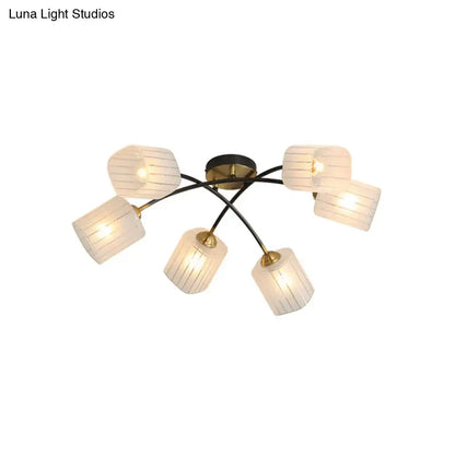 DecorBites™ post modern brass semi-flush mount ceiling light with frosted glass ridged shades and black metal frame