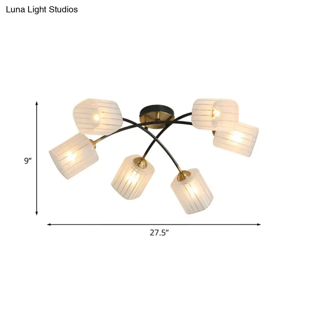 Modern decorbites semi-flush mount ceiling light with six frosted glass shades in glass material on black and brass frame