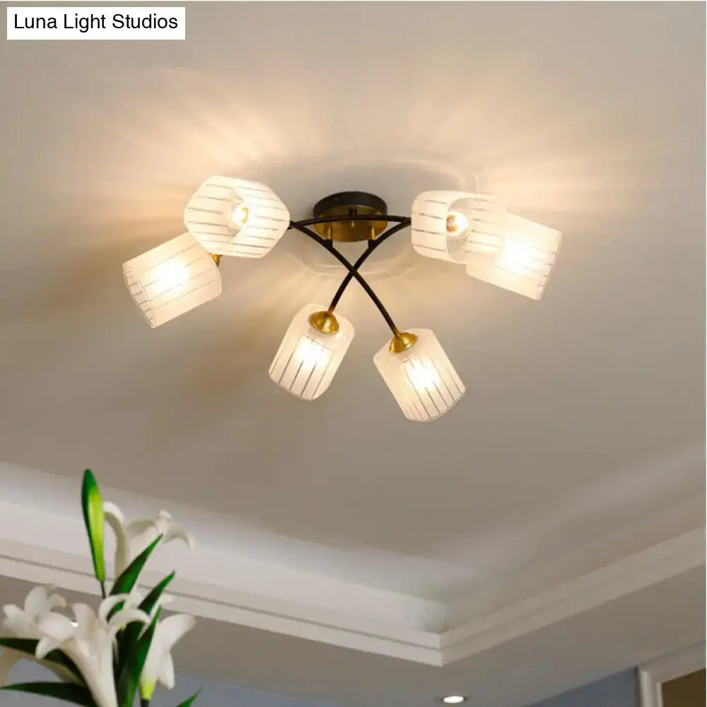 DecorBites™ post modern brass ceiling light with frosted glass material features five ridged shades on black metal frame for semi-flush mount