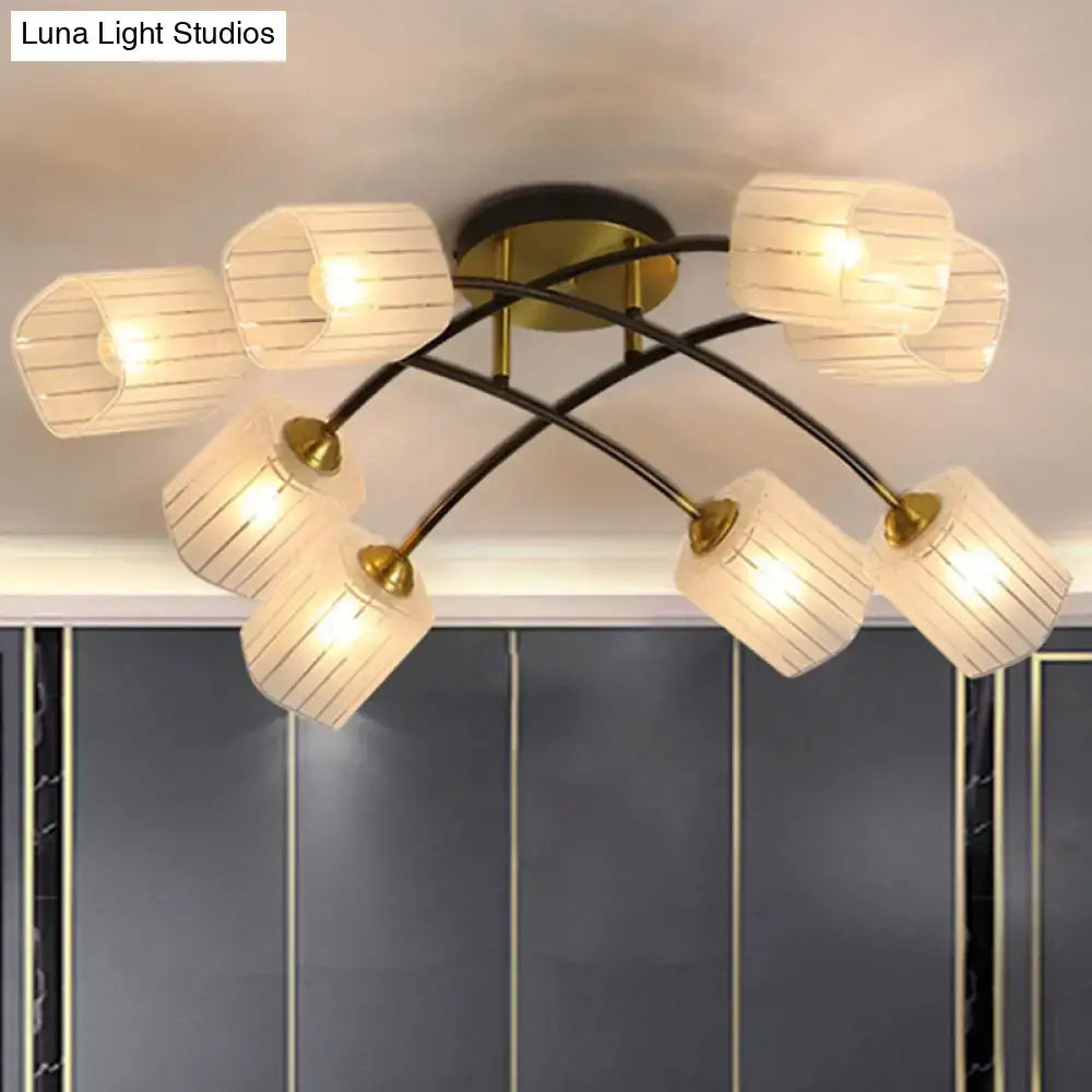 DecorBites™ post modern brass semi-flush mount ceiling light with six cream striped frosted glass shades on black arms