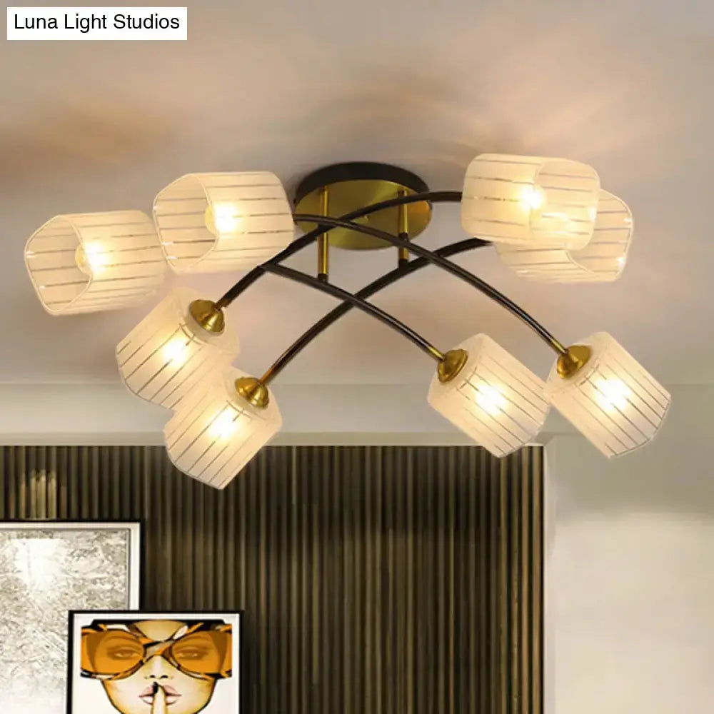 Modern decorbites™ post modern brass semi-flush mount ceiling light with eight cream frosted glass shades and black metal arms