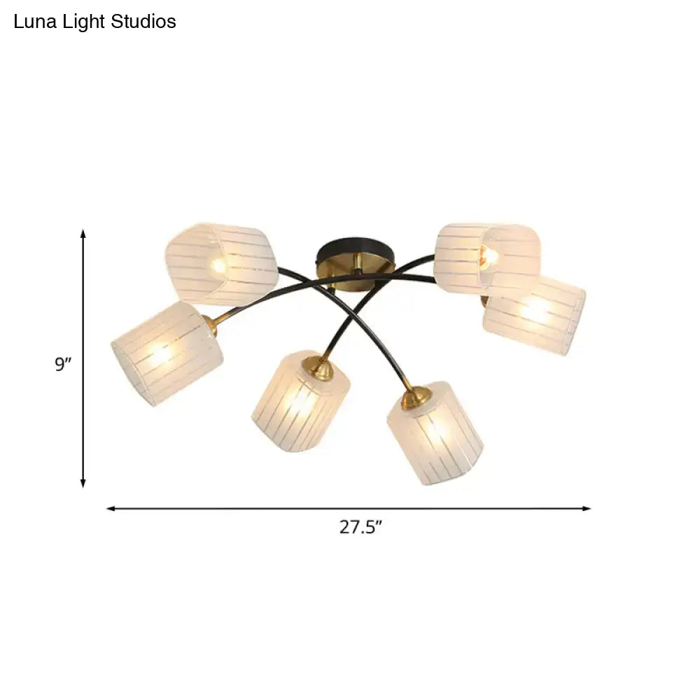 Decorbites™ post modern brass semi-flush mount ceiling light with six frosted glass ribbed shades and black arms