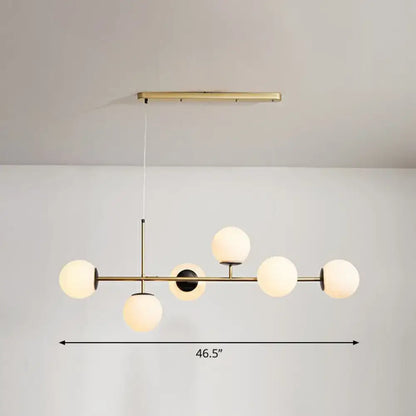 Decorbites postmodern brass pendant light with five frosted glass globe shades in blue white gold for dining rooms