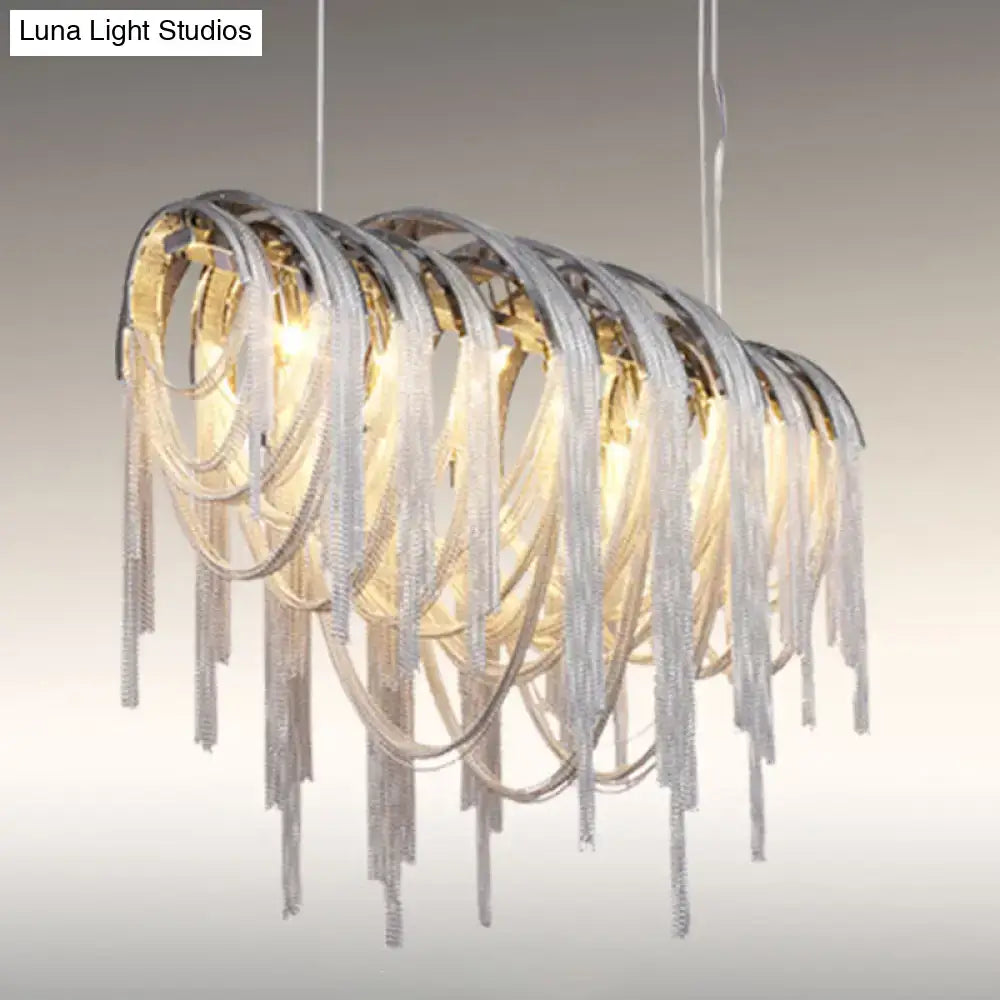 Decorbites postmodern aluminum tassel pendant lighting with silver chains ceiling light emitting warm glow