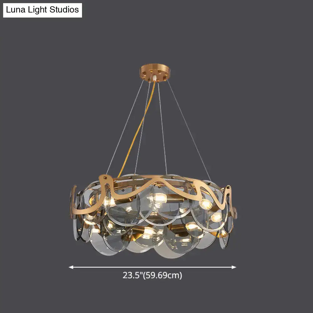 DecorBites postmodern circle pendant light with gold brass frame and glass discs suspended by cords ceiling mount light fixture