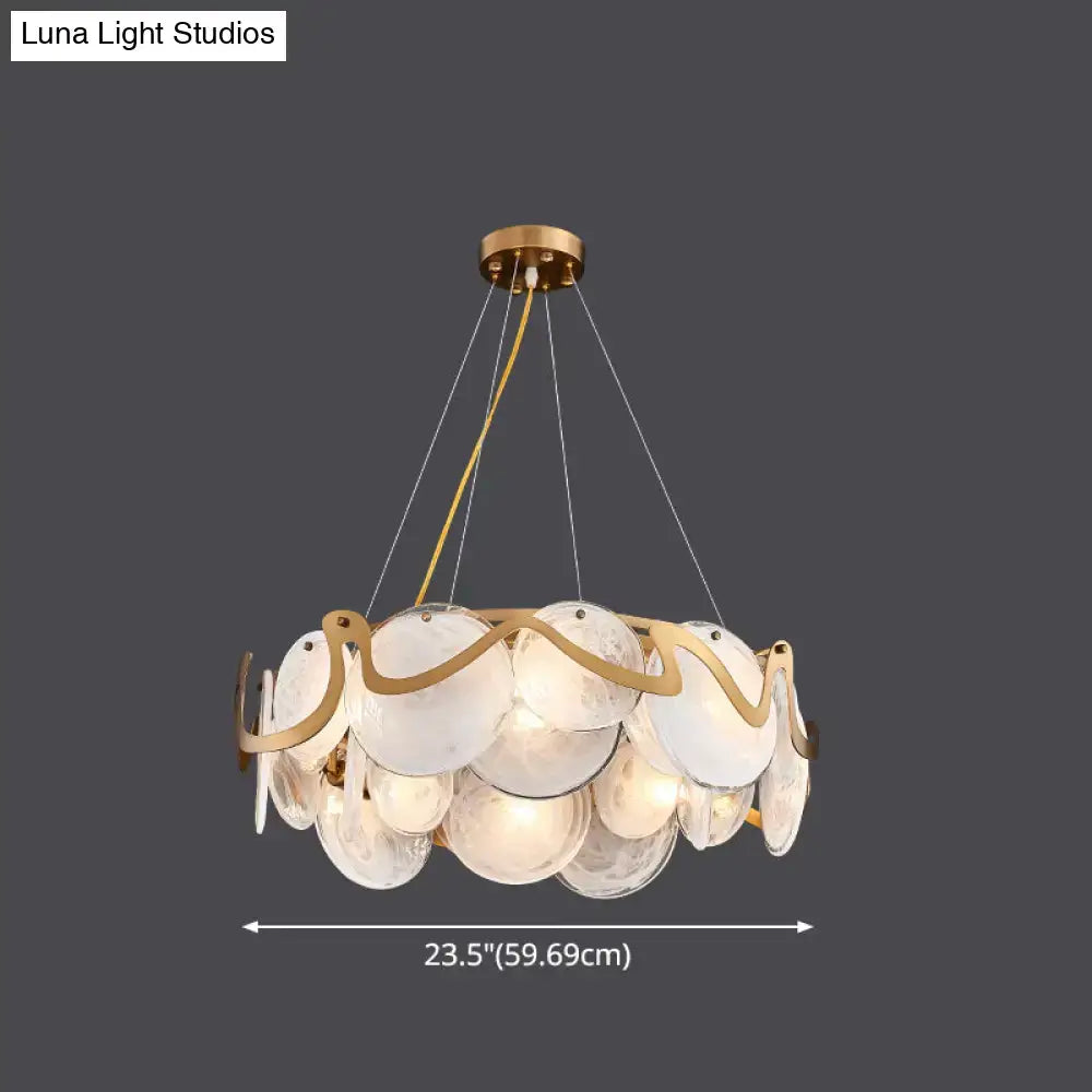 DecorBites™ postmodern circle pendant light with gold-toned brass and layered glass discs ideal for LED or incandescent use