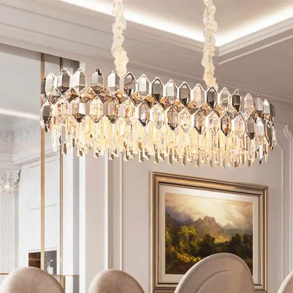 Elegant DecorBites postmodern island light fixture with clear and smoked crystal oval lamp for dining room suspended by twisted cords