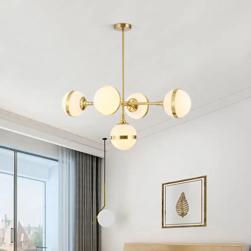 Decorbites postmodern gold branch pendant light with five white ball glass frosted globes in symmetrical design